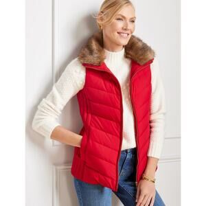 Talbots Plus Faux Fur Collar Down Puffer Vest Women Size 2X Red Full Zip Quilted